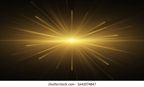 Light effect vector shining golden glare. Rays from the explosion or sunrise on a golden background. Abstract motion