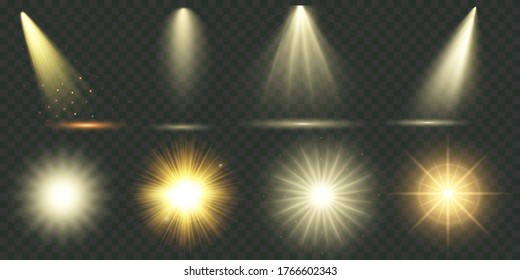 Light effect. Vector shining golden bright light. Set of flashes, lights and sparks. Abstract golden lights isolated on a transparent background. Bright gold flashes and glares. Vector illustration