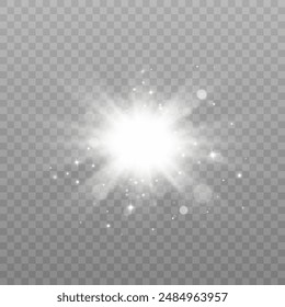 Light effect of white glowing light. Solar flare. Glow effect. Starbursts with shimmering sparkles for web design and illustrations	
