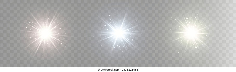 Light effect of white glowing light. Solar flare. Glow effect. Starbursts with twinkling highlights. Beautiful light effect of flickering highlights.