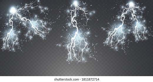 Light effect of white lightning. PNG. Realistic flash with lightning. Electric explosion.