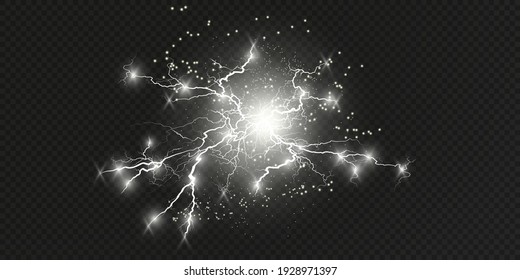 Light effect of white lightning. PNG. Realistic flash with lightning. Electric explosion.