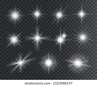  Efecto ligero. Estrellas blancas, reluciente con rayos. Mágicas partículas de polvo brillantes. Conjunto vectorial aislado de elementos abstractos de Navidad