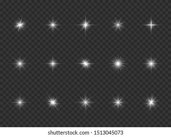 Light effect. White starburst sparks, bright optical flare with rays. Glowing dust particles. Christmas abstract vector isolated galaxy flash dark lighting elements