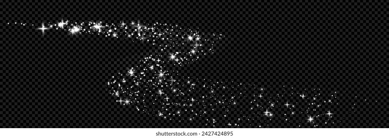 Light effect with white stars. Glitter glow on transparent background as a png. Magic sparkle wind way. Shine dust vector effect illustration. VFX 