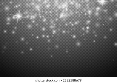 Light effect of white stars and sparks. Sparkling elements on a dark transparent background. Christmas abstract pattern. Sparkling magic specks of dust. Vector illustration.