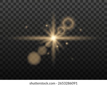 Efeito de luz. Estrela amarela clara, brilho ensolarado suave, poeira, linha, erupção solar, faísca e estrelas, holofote. Raios de luz brilhantes. Luzes douradas abstratas. Ilustração vetorial sobre fundo transparente