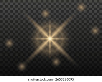 Light effect. Light yellow star, soft sunny sparkle, dust, line, solar flare, spark and stars, spotlight. Bright rays of light. Abstract golden lights. Vector illustration on transparent background
