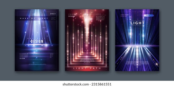 Light effects. Abstract banners. Blurred motion. Bokeh and dark glitter line. Orange and blue flare. Black backgrounds. Magic ray and sparkle. Event flyer. Vector exact posters design set