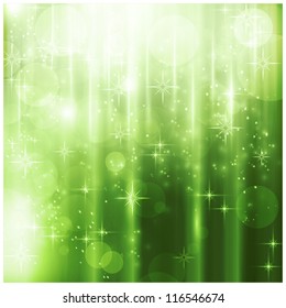 Light effects, blurry light dots and stars on a sparkling green background for your Christmas design.