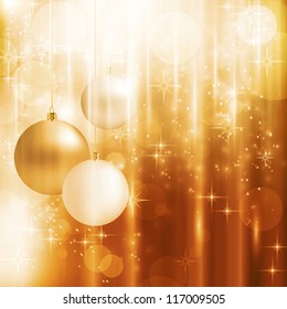 Light effects, blurry light dots, stars and Christmas balls on a warm golden background for your Christmas design.