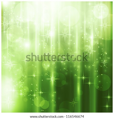 Light effects, blurry light dots and stars on a sparkling green background for your Christmas design.