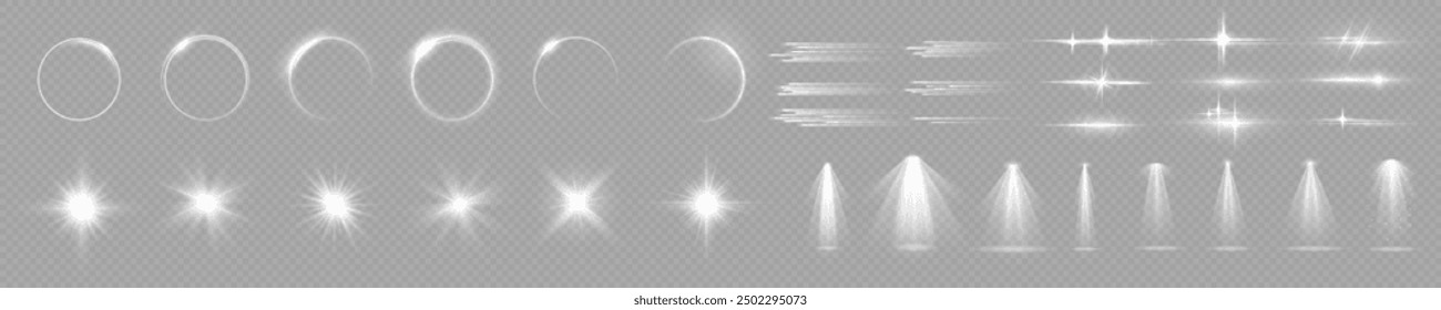 Light effects. Christmas rays, shine, lines, glow, white garlands. Glowing abstract isolated curved lenses of light. Lens flare, explosion, spark, line, vortex ray, sparks and stars, spotlight