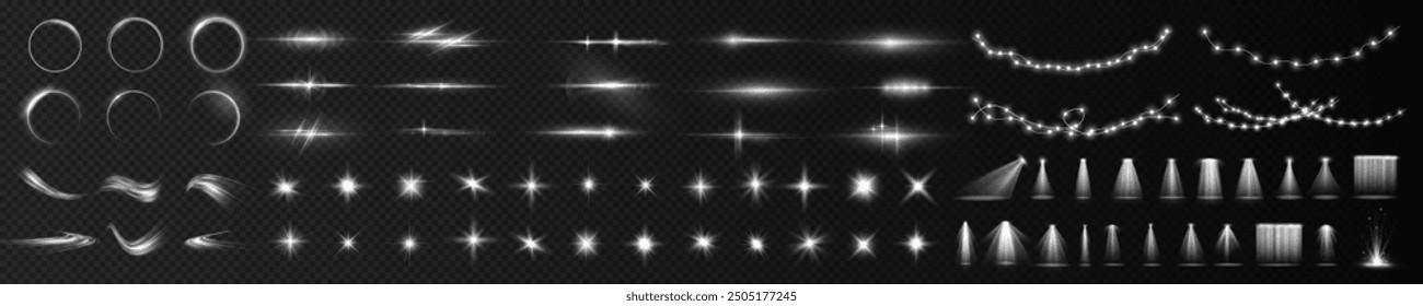 Light effects. Christmas rays, shine, lines, glow, white garlands. Glowing abstract isolated curved lenses of light. Lens flare, explosion, spark, line, vortex ray, sparks and stars, spotlight