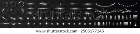 Light effects. Christmas rays, shine, lines, glow, white garlands. Glowing abstract isolated curved lenses of light. Lens flare, explosion, spark, line, vortex ray, sparks and stars, spotlight