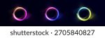 Light effects with circular glow of bright pink, purple and blue ring lights forming abstract portals on a dark background.