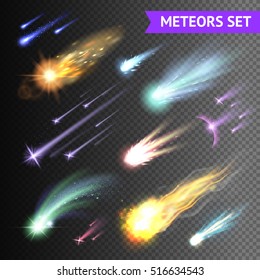 Light effects collection with comets meteors and fireballs isolated on transparent background vector illustration