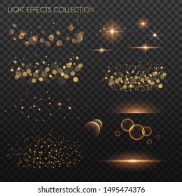 Colección de efectos de luz.  Efectos de las luces de cobre. Espuma y brillo. Ilustración vectorial.