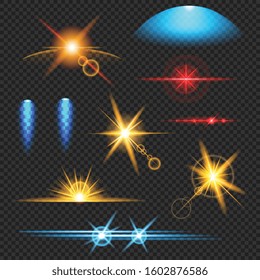 Light effects colorful set of ray sparkles  shining flares and illuminated surfaces  isolated on dark transparent background vector illustration    