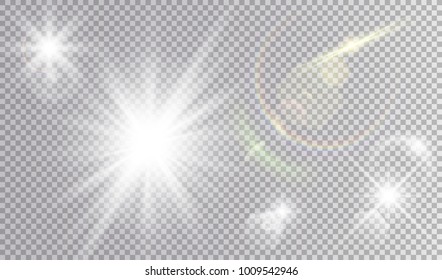 Light effects cosmic set. Stars with big rays, colorful lens flare, rainbow halo.