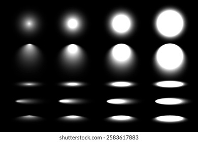 Light effects of different circular shapes isolated on black background. Spotlights with various intensities. Glowing stage lighting, soft illumination. Realistic vector illustrations set.