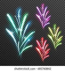 Light effects fireworks transparent composition icon set with splashes stars and sparkles vector illustration