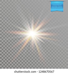 Light effects of flare and radiant light beams on transparent background. Realistic, vivid and glowing sun, star burst. Vector illustration.
