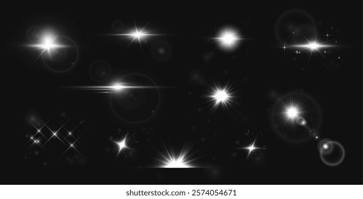  Light effects - flash, sunlight, spotlight, with glare and highlight effects, realistic light, a set of effects with rays, flashes, flickering. Emulation sun, spotlight, headlights and more. Vector