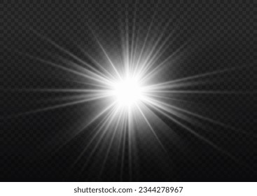 Light effects, glare, bokeh, glitter, explosion, white sun. The star burst with brilliance, vector. Abstract sunburst, digital flash, rainbow flare on transparent background. Shining silver stars. 