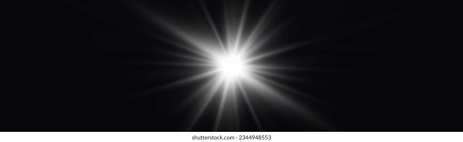 Light effects, glare, bokeh, glitter, explosion, white sun. The star burst with brilliance, vector. Abstract sunburst, digital flash, rainbow flare on transparent background. Shining silver stars. 