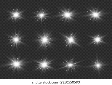 Efectos de luz, resplandor, bokeh, brillo, explosión, sol blanco. La estrella estalló de polvo, vector. Resumen del estallido del sol, flash digital, bengala arco iris sobre fondo transparente. Estrellas de plata brillantes. 