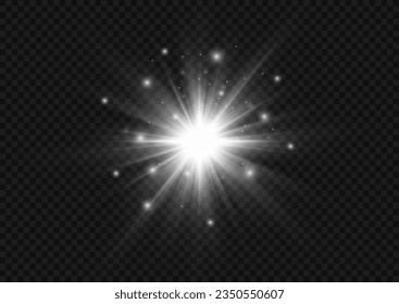 Efectos de luz, resplandor, bokeh, brillo, explosión, sol blanco. La estrella estalló de polvo, vector. Resumen del estallido del sol, flash digital, bengala arco iris sobre fondo transparente. Estrellas de plata brillantes. 