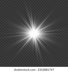 Light effects, glare, bokeh, glitter, explosion, white sun. The star burst with dust, vector. Abstract sunburst, digital flash, rainbow flare on transparent background. Shining silver stars. 