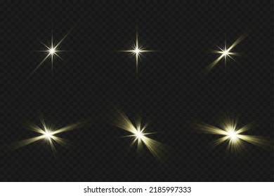 Efectos de luz, brillo, brillo, explosión, luz dorada, ilustración vectorial. brillantes estrellas doradas.