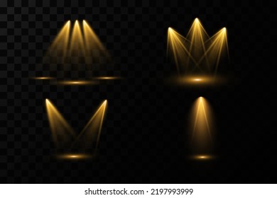 Light effects, glare, glitter, explosion, light. Vector illustration.Vector scene illuminated by spotlight ray. Light effect on transparent background