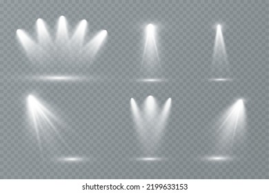 Light effects, glare, glitter, explosion, light. Vector illustration.Vector scene illuminated by spotlight ray. Light effect on transparent background
