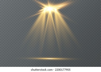 Light effects, glare, glitter, explosion, light. Vector illustration.Vector scene illuminated by spotlight ray. Light effect on transparent background