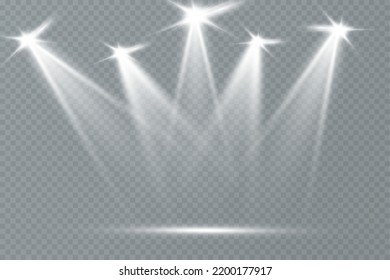 Light effects, glare, glitter, explosion, light. Vector illustration.Vector scene illuminated by spotlight ray. Light effect on transparent background