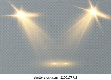 Light effects, glare, glitter, explosion, light. Vector illustration.Vector scene illuminated by spotlight ray. Light effect on transparent background