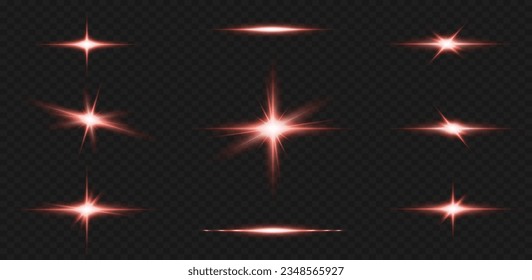 Efectos de luz, brillo, brillo, explosión, luz roja, ilustración vectorial. estrellas rojas brillantes.