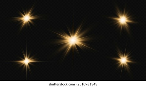 Lichteffekte, Blendung, Glitter, Explosion, goldenes Licht, Vektorgrafik. leuchtende goldene Sterne.