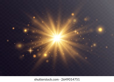 Efeitos de luz, brilho, explosão, luz dourada. Efeito solar. Ilustração vetorial. EPS 10.