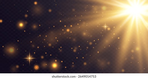 Efeitos de luz, brilho, explosão, luz dourada. Efeito solar. Ilustração vetorial. EPS 10.