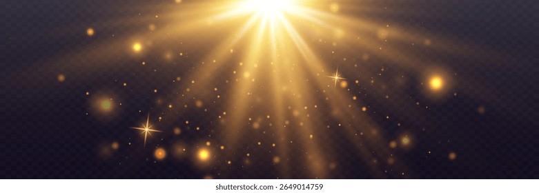 Efeitos de luz, brilho, explosão, luz dourada. Efeito solar. Ilustração vetorial. EPS 10.
