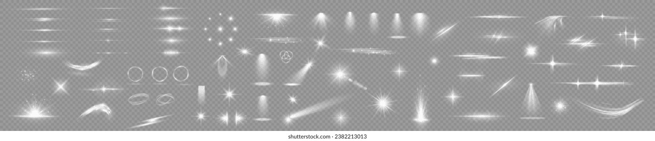 Light Effects. Isolated white transparent stock of light effects, including lens flares, explosions, glitter, dust, lines, sun flashes, sparks, sparkles, stars, spotlights, and curved twirls. Ideal fo
