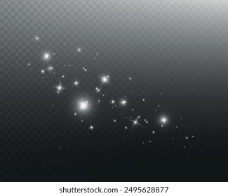Efectos de luz. Conjunto transparente blanco aislado de efectos de luz, destello de lente, brillo, polvo, flash solar, chispa y estrellas. Luz del sol, abstracta. Ilustración vectorial.