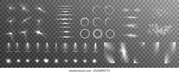 Light effects. Isolated white transparent light effects, glare, explosion, sparkle, dust, line, solar flare, spark and stars, spotlight, curve rotation. Sunlight, abstract special effect.