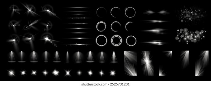 Light effects. Isolated white transparent light effects, glare, explosion, sparkle, dust, line, solar flare, spark and stars, spotlight, curve rotation. Sunlight, abstract special effect.
