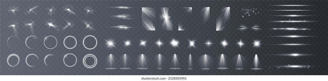 Efeitos de luz. Efeitos de luz transparente branca isolada, brilho, explosão, brilho, poeira, linha, erupção solar, faísca e estrelas, luz de spot, rotação de curva. Luz solar, efeito especial abstrato.
