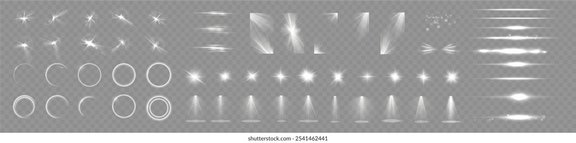 Efectos de luz. Efectos de luz transparente blanca aislada, deslumbramiento, explosión, chispa, polvo, línea, destello solar, chispa y estrellas, foco, rotación de curva. Luz del sol, efecto especial abstracto